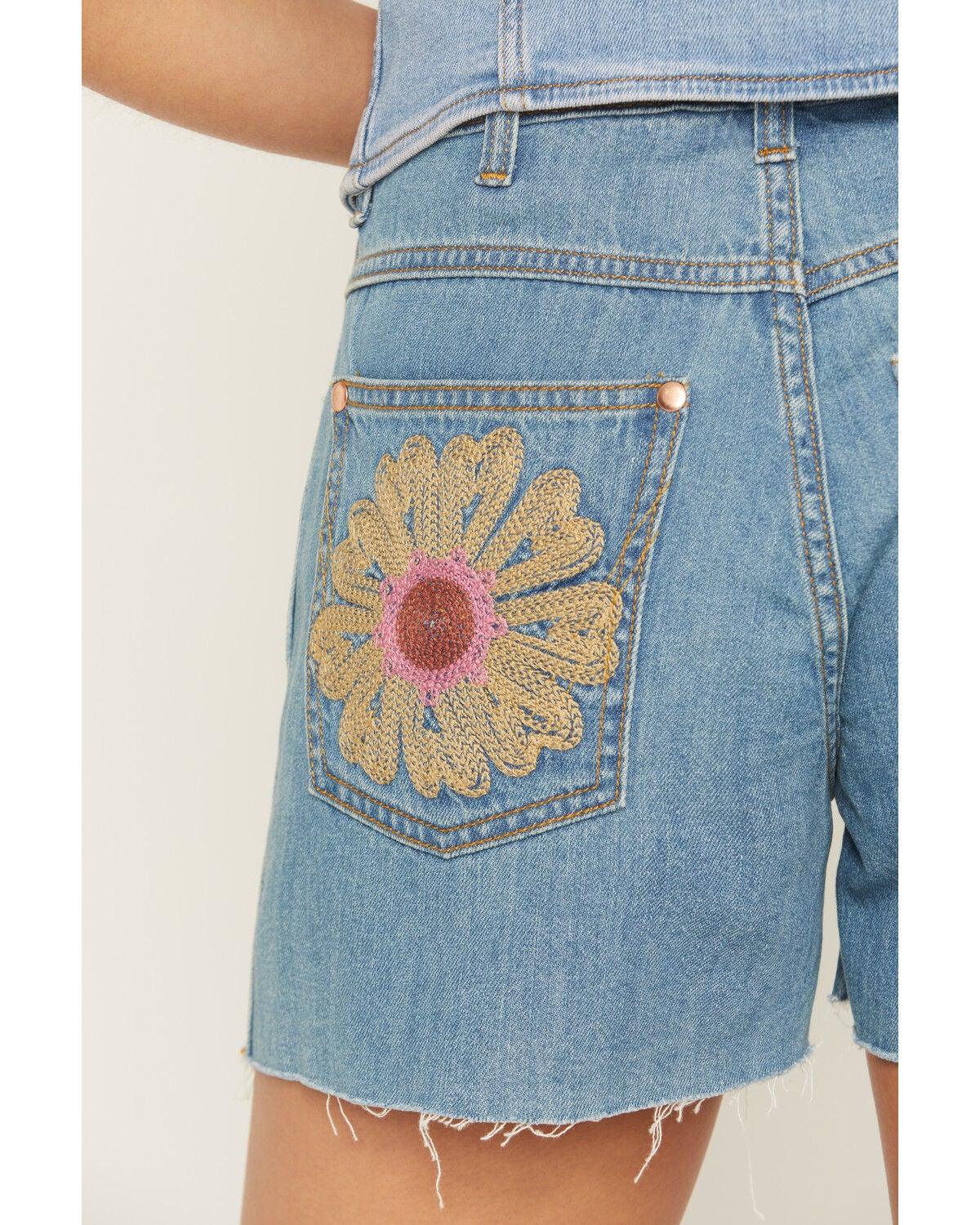 Image #4 - Wrangler X Lainey Wilson Women's Medium Wash High Rise Cowboy Embroidered Denim Shorts, Medium Wash, hi-res
