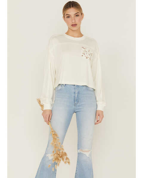 Cleo + Wolf Women's Boxy Floral Pocket Long Sleeve Cropped Pullover Sweatshirt, Ivory, hi-res