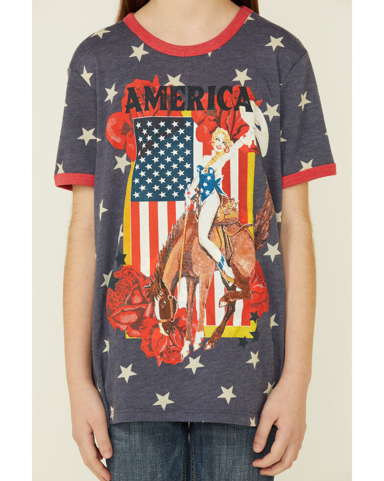 Rodeo Quincy Girls' Star Print America Graphic Short Sleeve Ringer Tee , Navy, hi-res