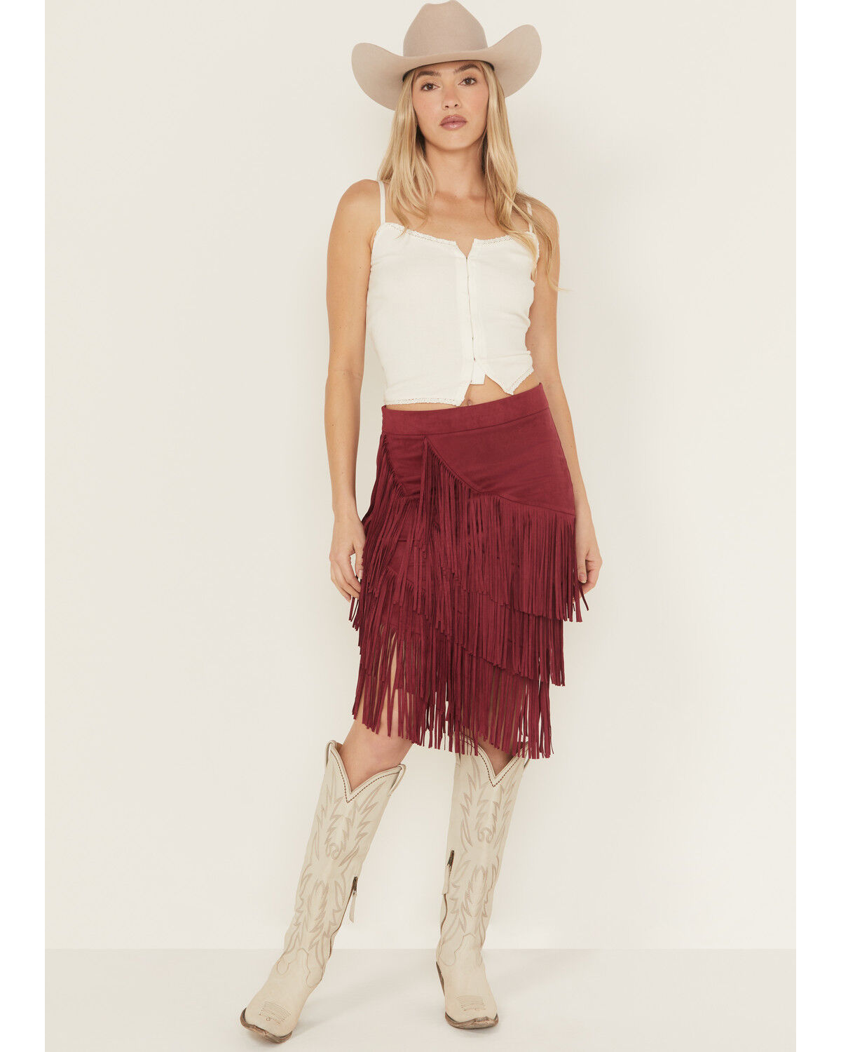 Image #2 - Idyllwind Women's Tina Faux Suede Fringe Midi Skirt, Maroon, hi-res