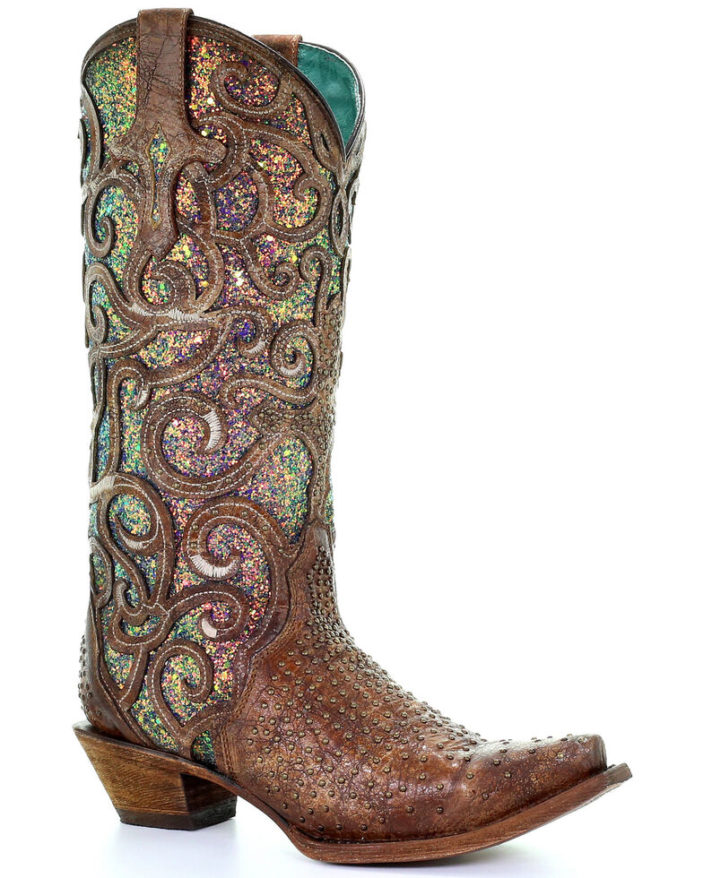 Corral Women's Cognac Glitter Inlay Western Boots - Snip Toe, Brown, hi-res
