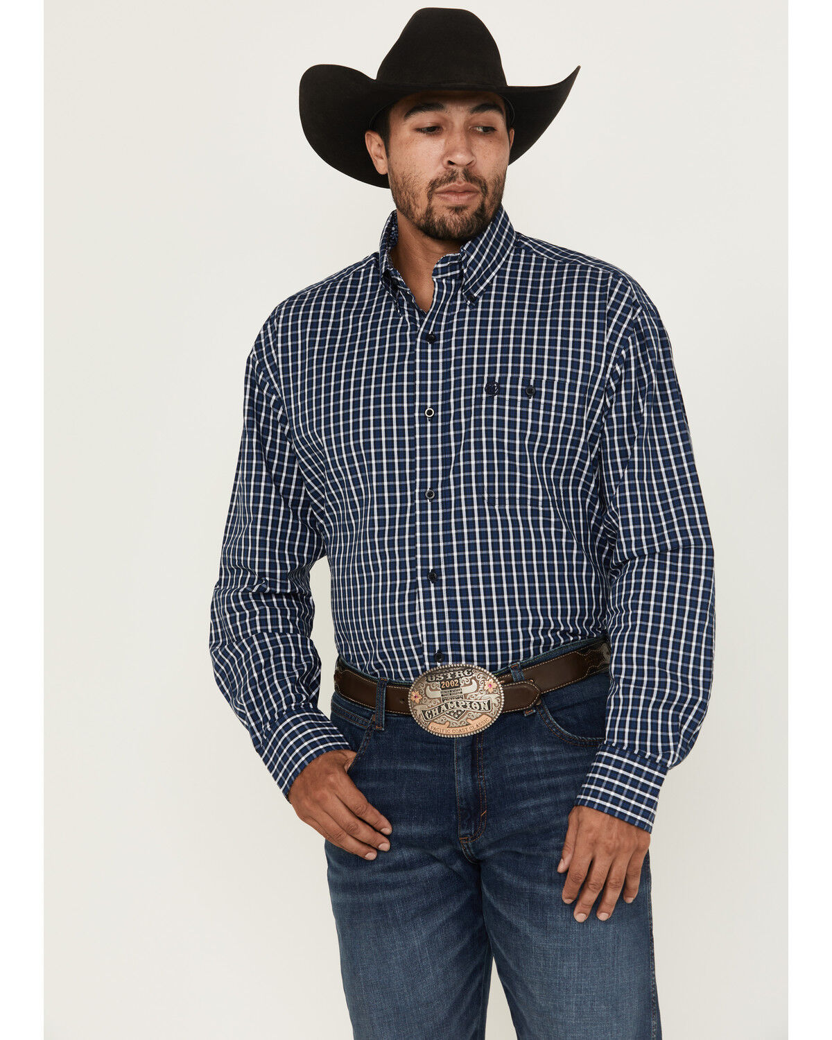 Image #1 - George Strait by Wrangler Men's Plaid Print Long Sleeve Button-Down Stretch Western Shirt, Blue, hi-res