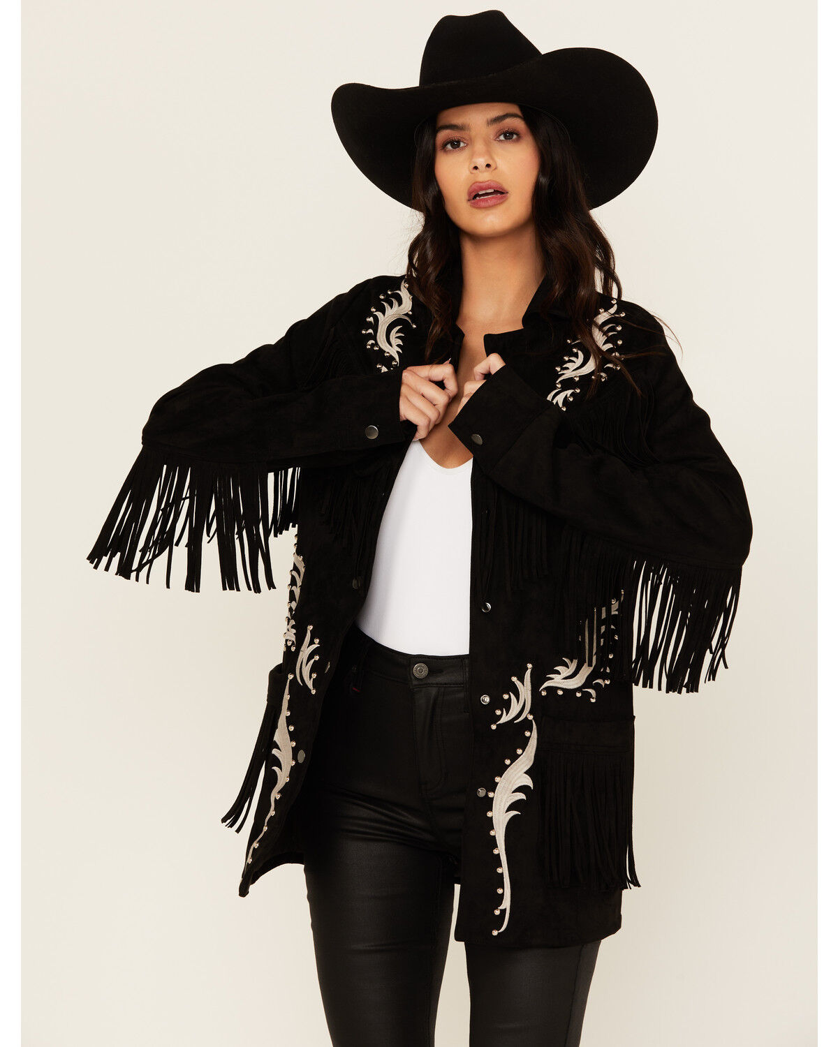 Image #1 - Rock & Roll Denim Women's Faux Suede Fringe Blazer, Black, hi-res