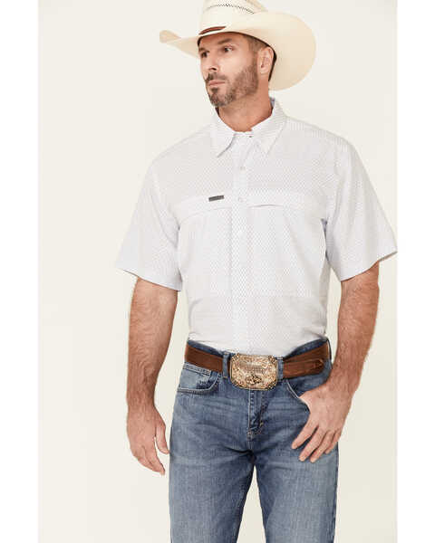 Panhandle Men's Performance Geo Print Short Sleeve Button Down Western Shirt , White, hi-res