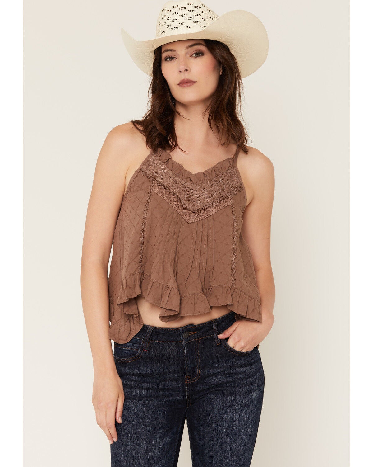 Image #1 - Miss Me Women's Pleated Lace Trim Hanky Hem Top, Brown, hi-res