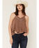 Image #1 - Miss Me Women's Pleated Lace Trim Hanky Hem Top, Brown, hi-res