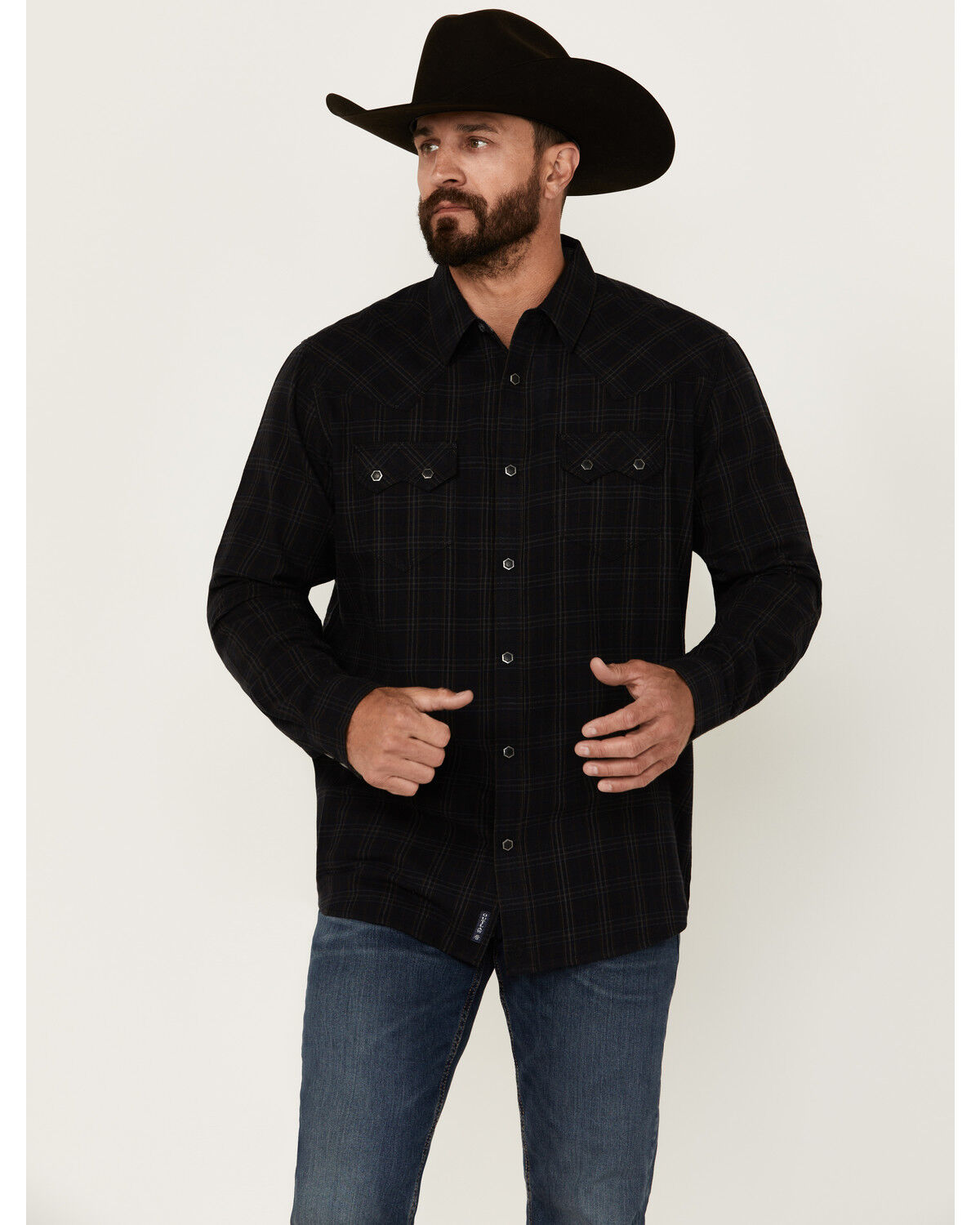Image #1 - Moonshine Spirit Men's Blacksmith Plaid Print Long Sleeve Snap Western Shirt, Black, hi-res