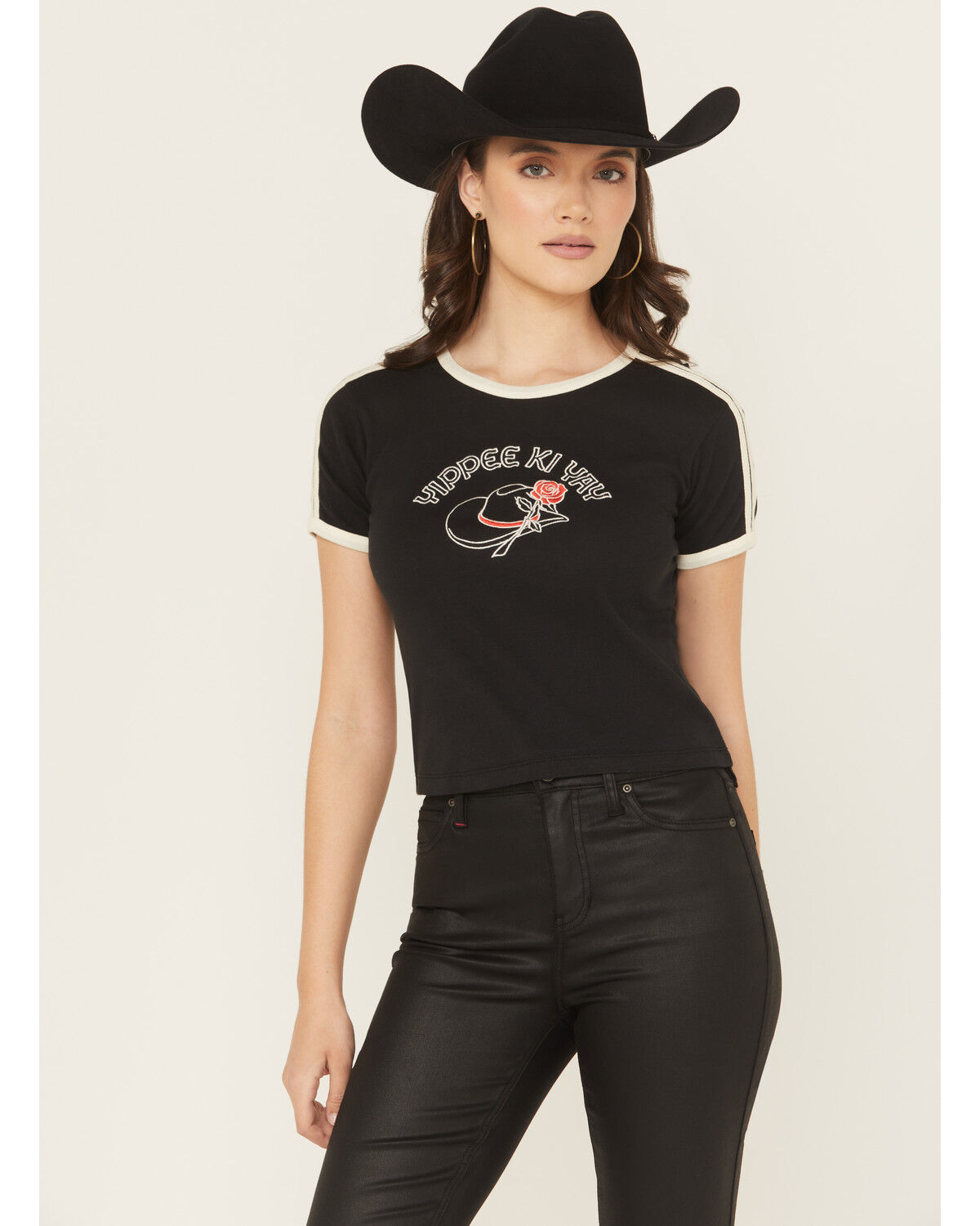 Image #1 - Girl Dangerous Women's Yippee Ki Yay Short Sleeve Ringer Tee, Black, hi-res