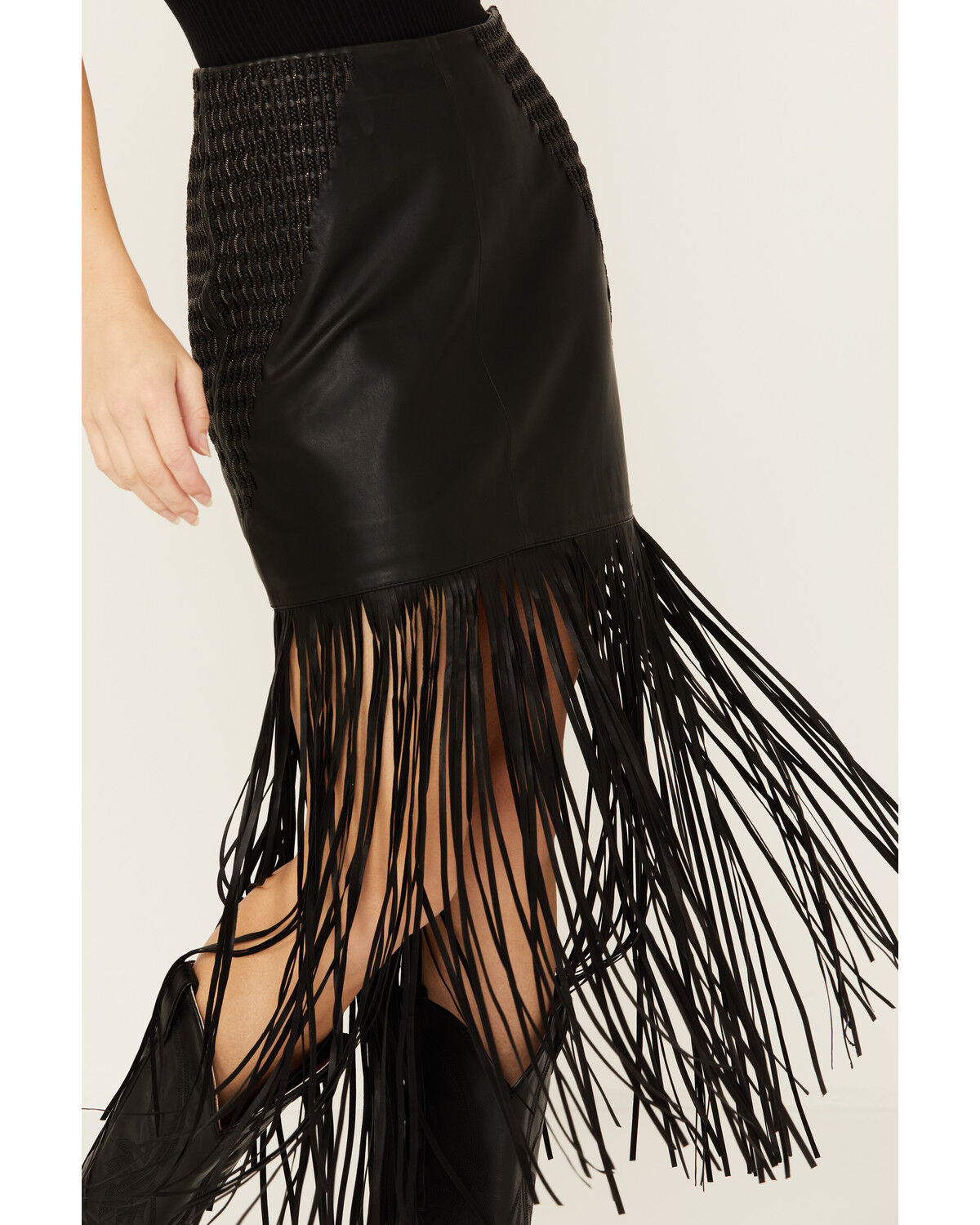 Image #2 - Wonderwest Women's Chain and Braid Fringe Leather Skirt, Black, hi-res