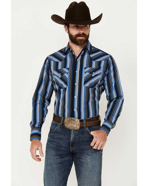Ely Walker Men's Serape Striped Print Long Sleeve Pearl Snap Western Shirt, Dark Blue, hi-res