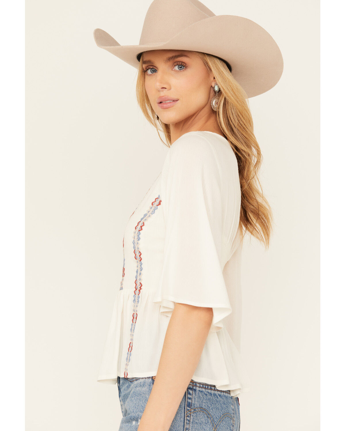 Image #2 - Shyanne Women's Embroidered Short Sleeve Crinkle Peplum Top, Cream, hi-res