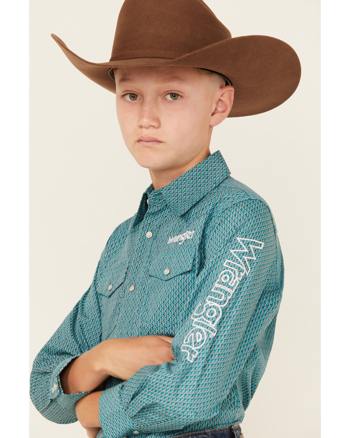 Image #2 - Wrangler Boys' Logo Sleeve Printed Long Sleeve Snap Western Shirt, Turquoise, hi-res