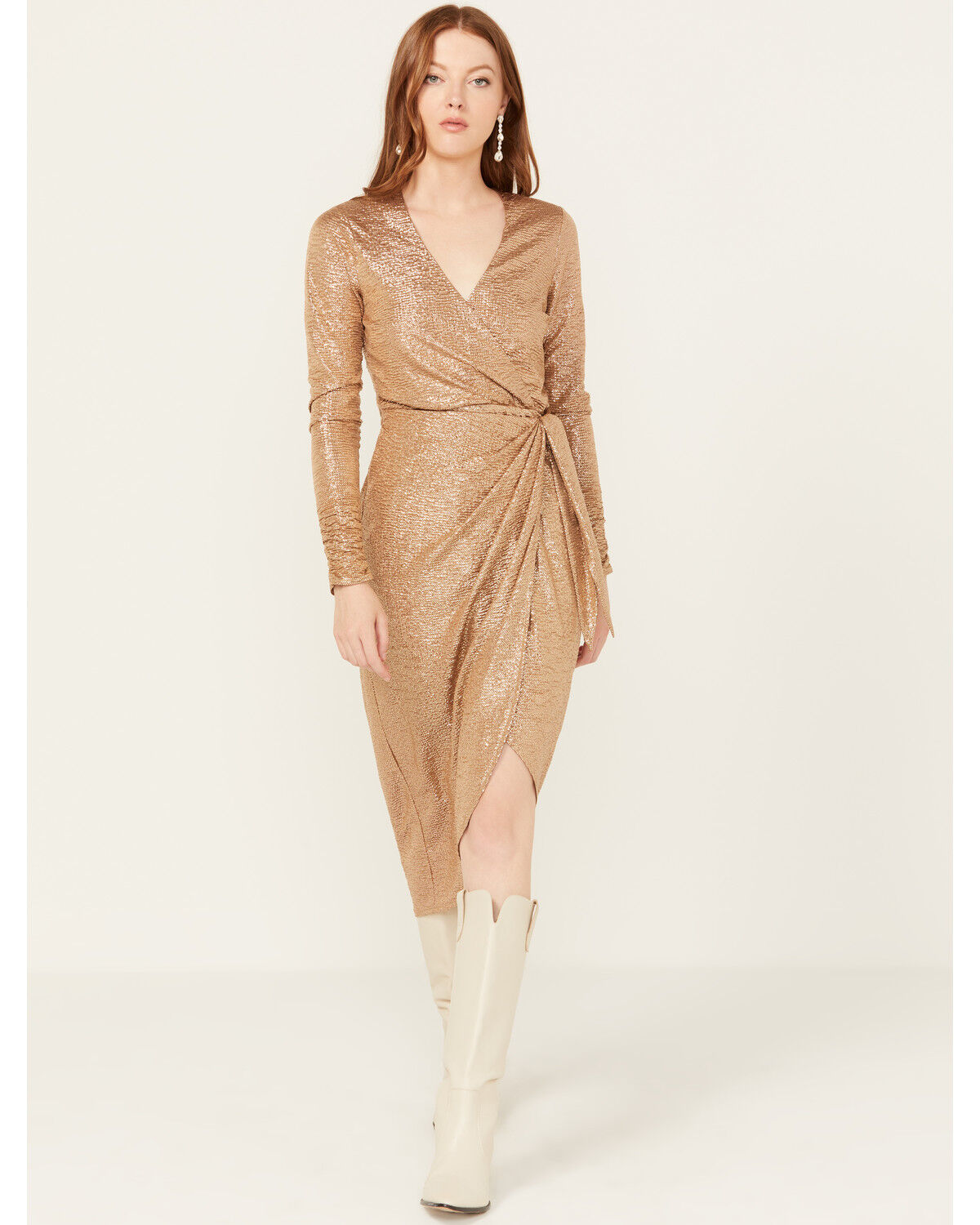 Image #1 - Show Me Your Mumu Women's Confetti Long Sleeve Kimora Wrap Midi Dress, Tan, hi-res
