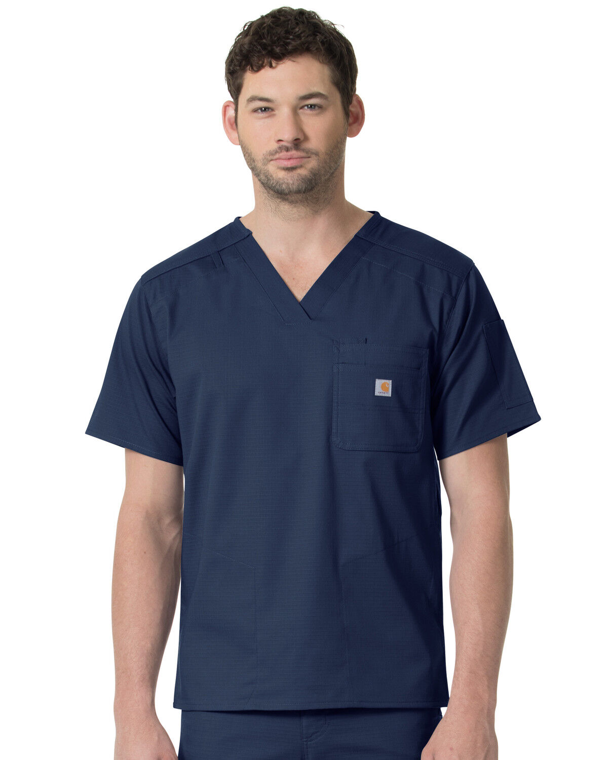 Image #1 - Carhartt Men's Slim Fit Six Pocket V-Neck Scrub Top, Navy, hi-res
