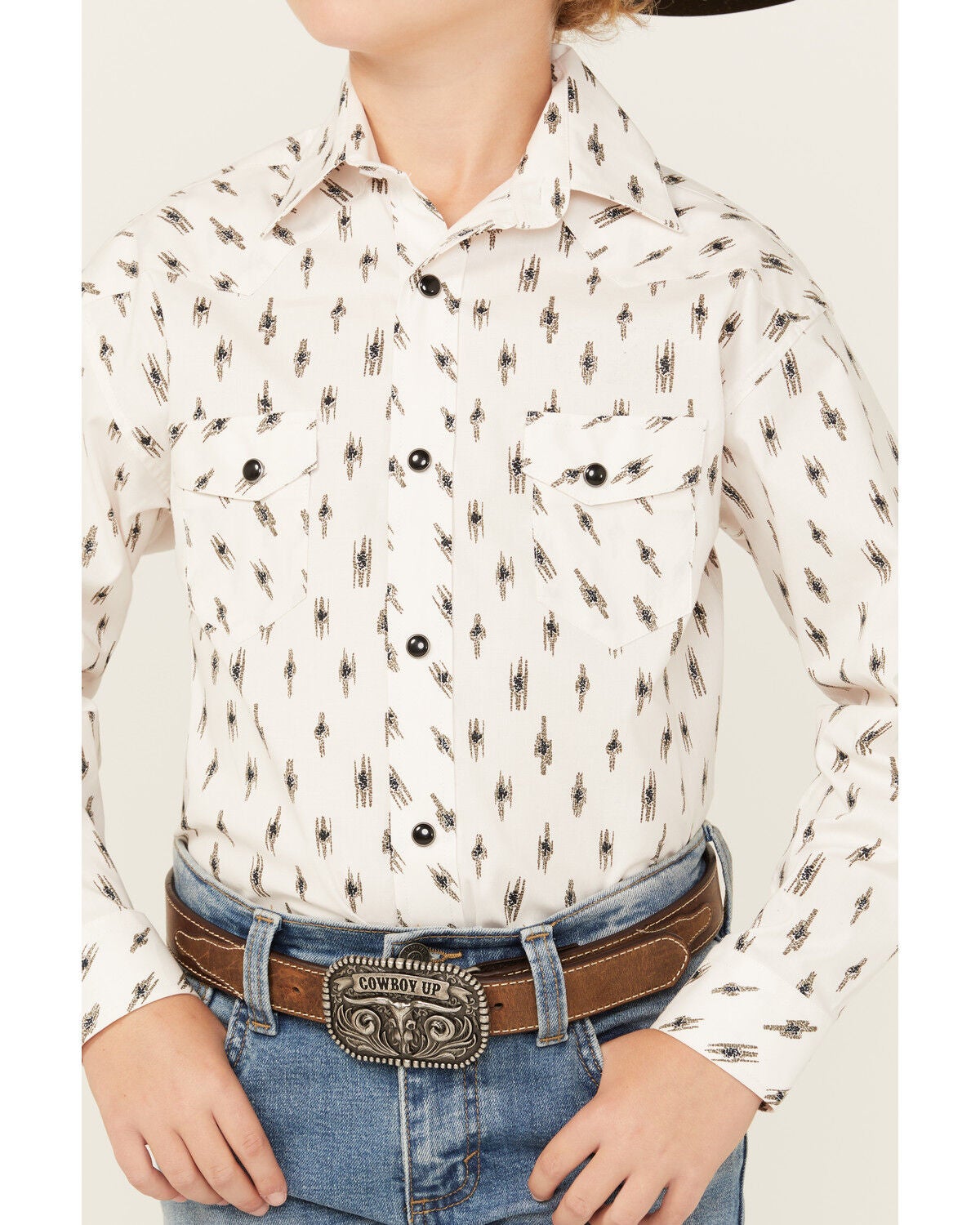 Image #2 - Rock & Roll Denim Boys' Abstract Geo Print Long Sleeve Snap Stretch Western Shirt, White, hi-res
