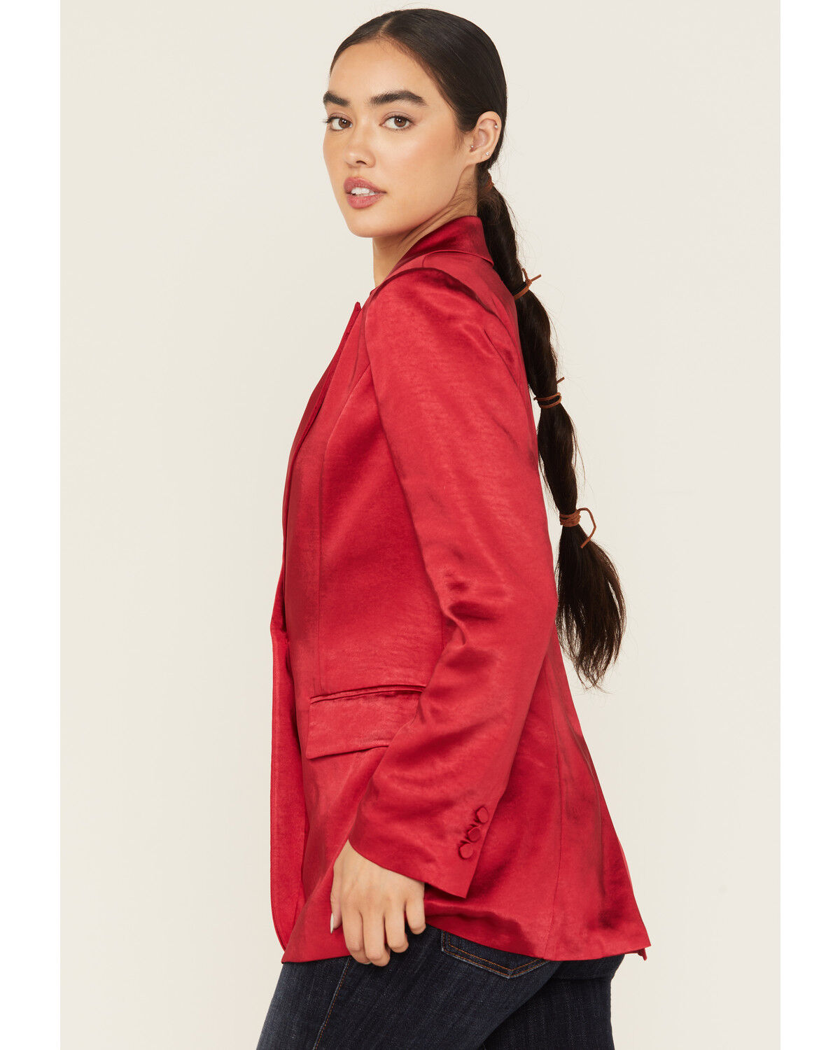 Image #2 - Skies are Blue Women's Satin Blazer, Red, hi-res