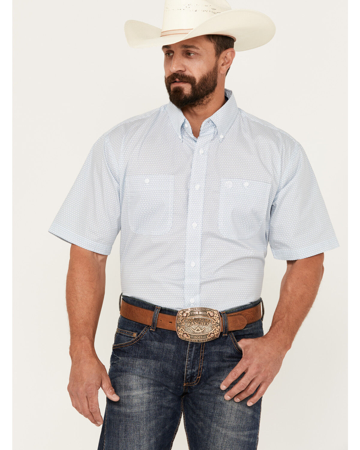 Image #1 - George Strait By Wrangler Men's Geo Print Short Sleeve Button-Down Western Shirt - Big, Blue, hi-res