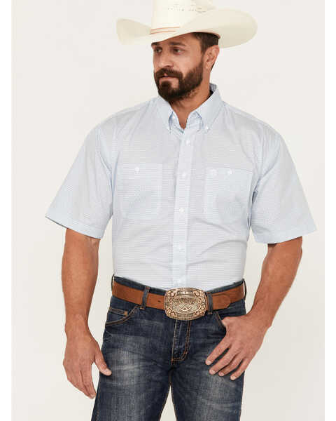 George Strait By Wrangler Men's Geo Print Short Sleeve Button-Down Western Shirt - Big, Blue, hi-res