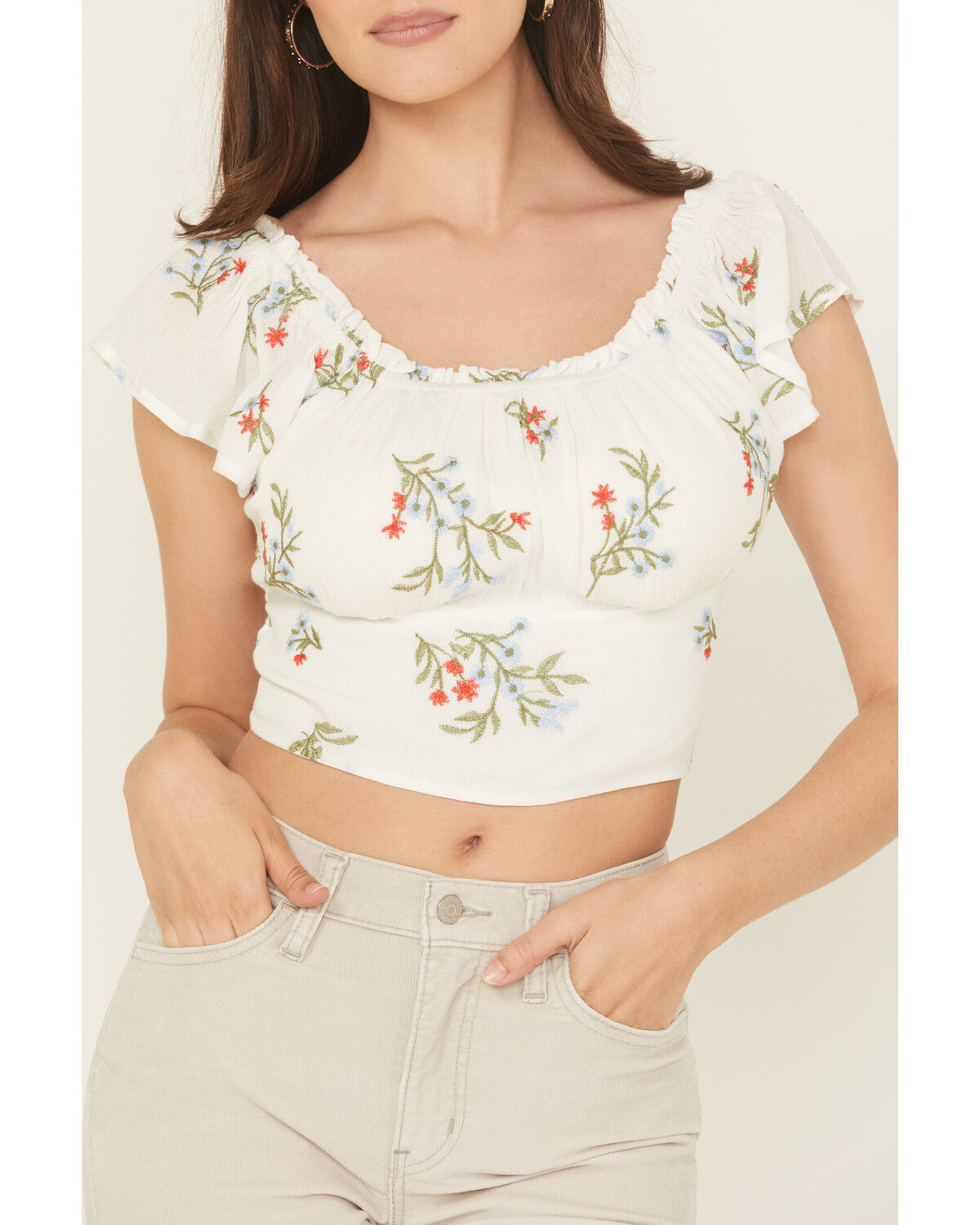 Image #3 - Wild Moss Women's Floral Embroidered Short Sleeve Cropped Shirt, White, hi-res