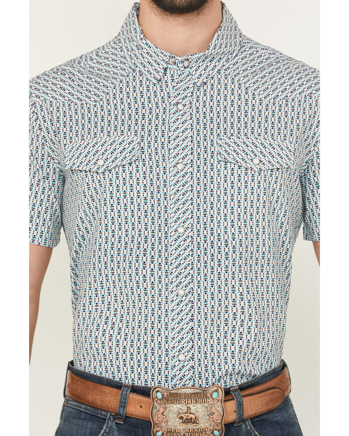 Image #3 - Panhandle Men's Geo Print Short Sleeve Snap Performance Western Shirt, Aqua, hi-res