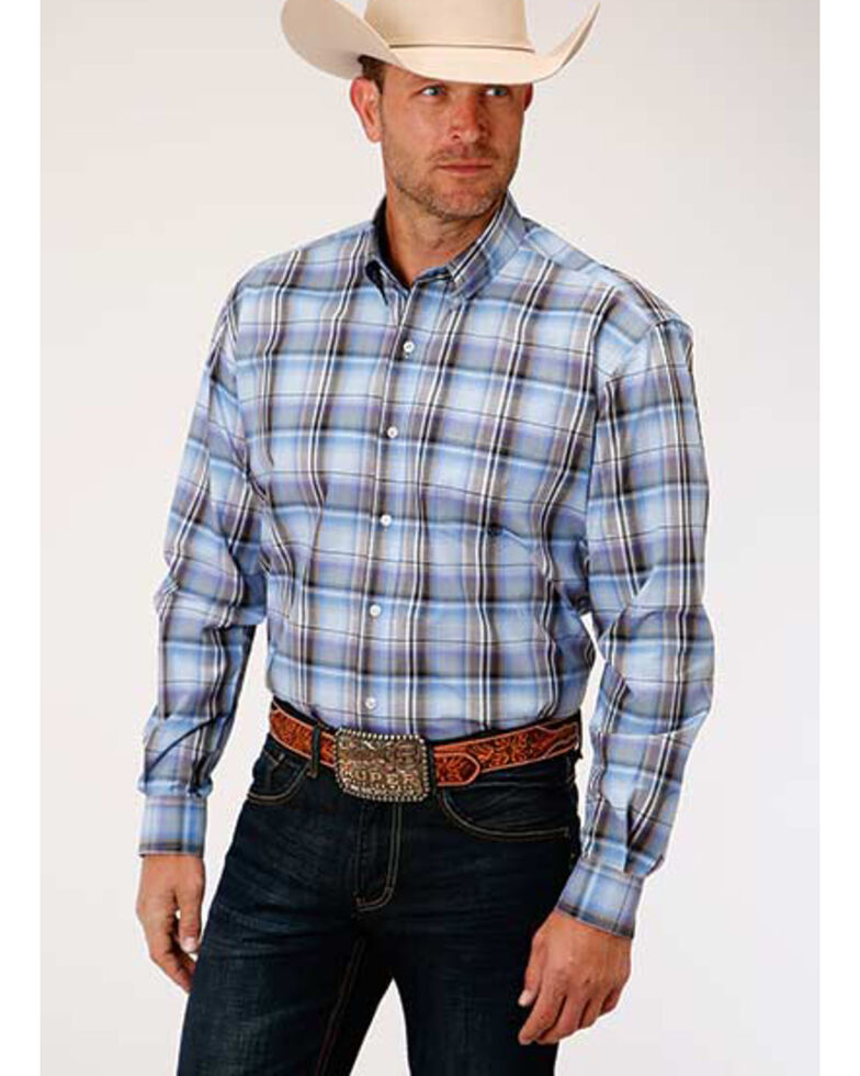  Amarillo Men's Dusk Cool Breeze Plaid Long Sleeve Western Shirt , Blue, hi-res