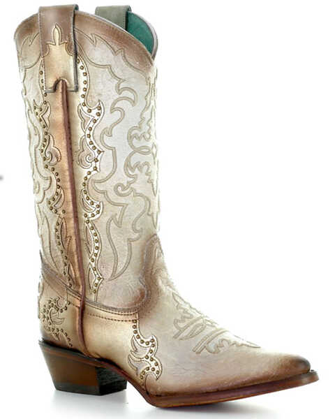 Image #1 - Corral Women's Studded Overlay Western Boots - Pointed Toe, White, hi-res