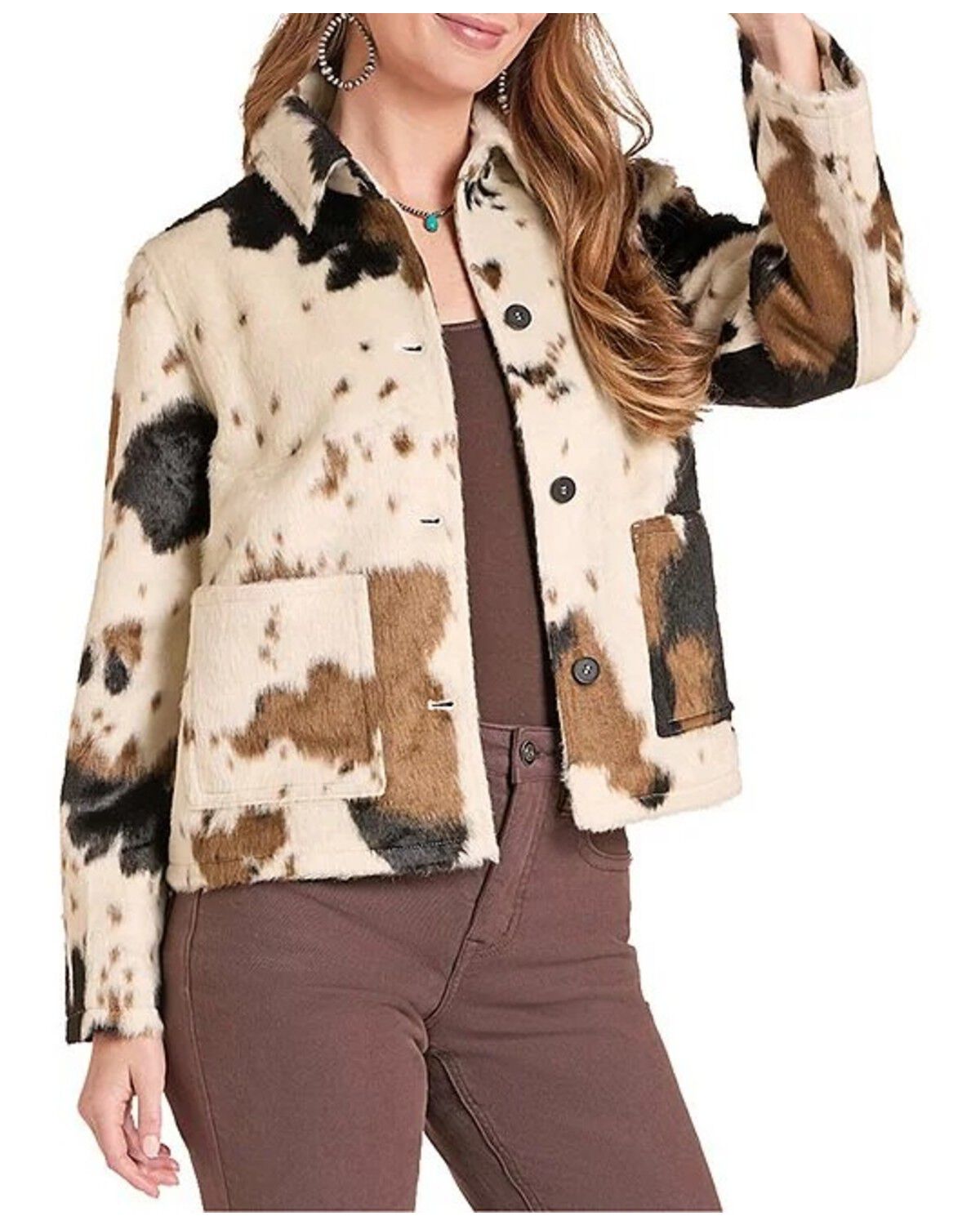 Rock  & Roll Denim Women's Cow Print Faux Fur Jacket, Cream, hi-res