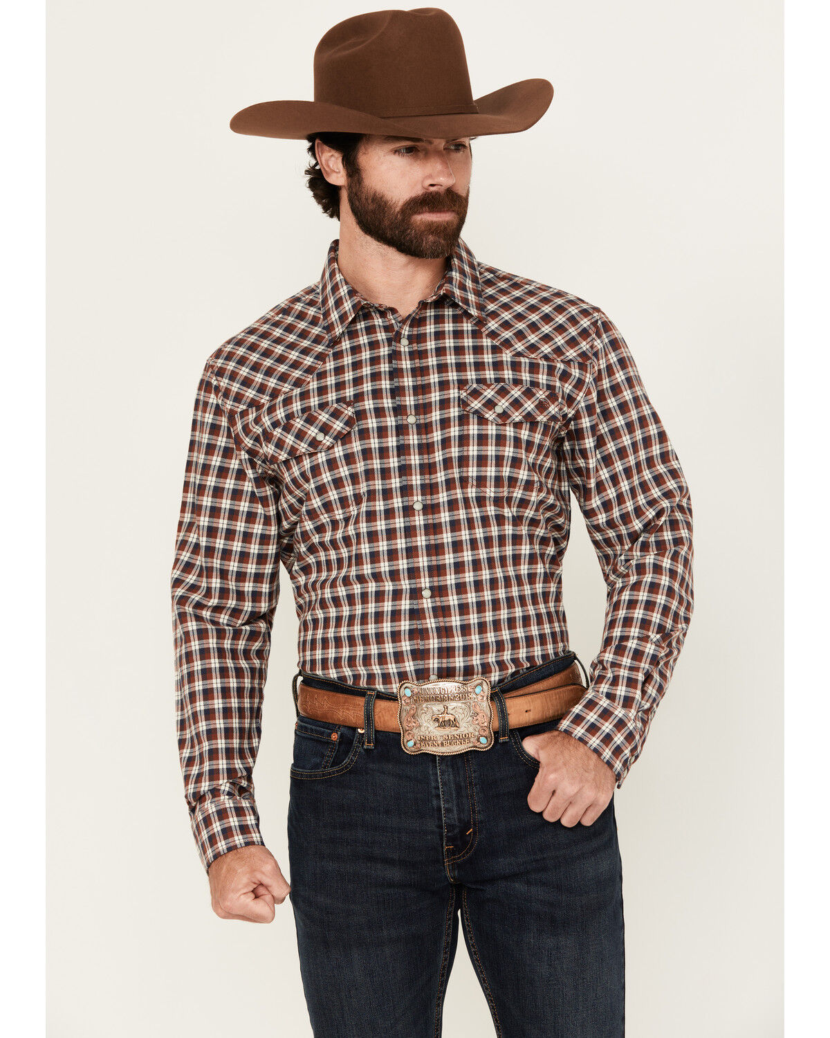 Image #1 - Blue Ranchwear Men's Bryce Plaid Print Long Sleeve Snap Western Shirt, Red, hi-res