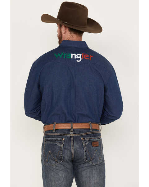 Image #4 - Wrangler Men's Mexico Flag Embroidered Logo Long Sleeve Western Snap Shirt, Indigo, hi-res