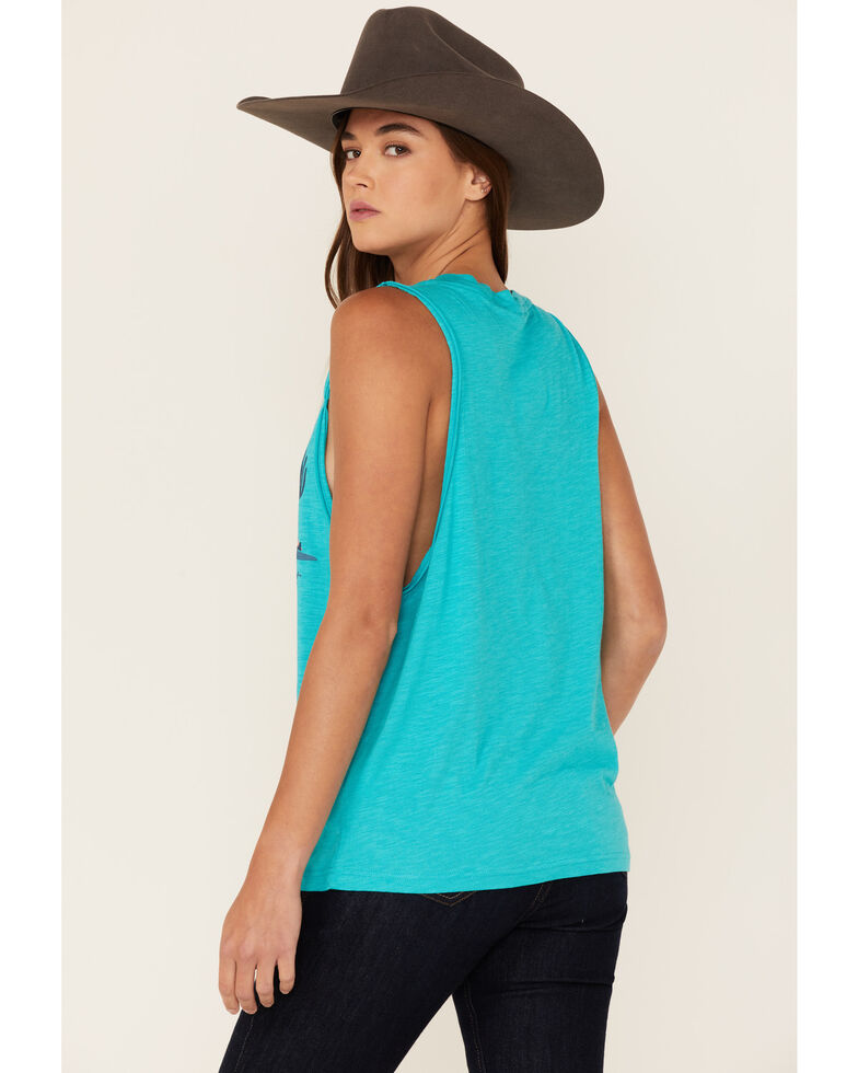 Ariat Women's Wandering Sunset Cowboy Graphic Muscle Tank, Teal, hi-res