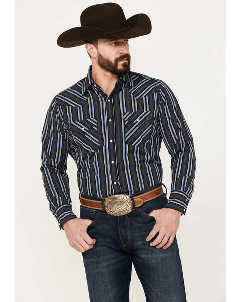 Ely Walker Men's Striped Long Sleeve Pearl Snap Western Shirt, Black, hi-res