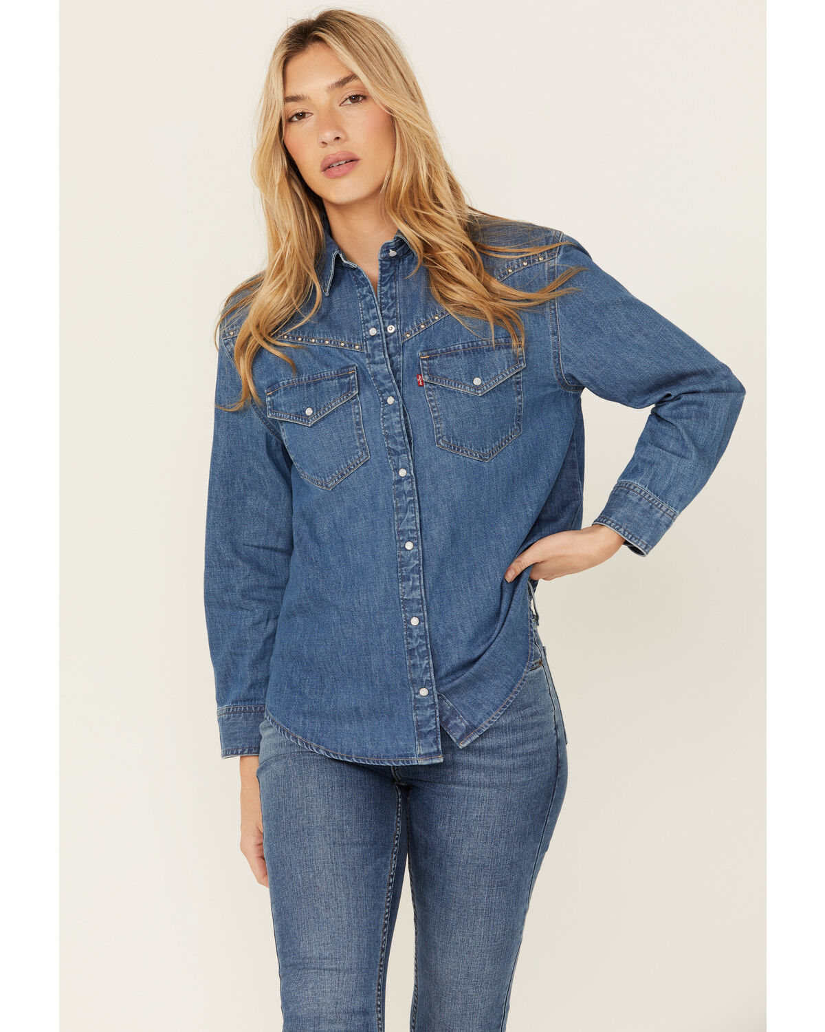 Image #1 - Levi's Women's Dark Medium Wash Sawyer Western Denim Studded Shirt, Dark Wash, hi-res