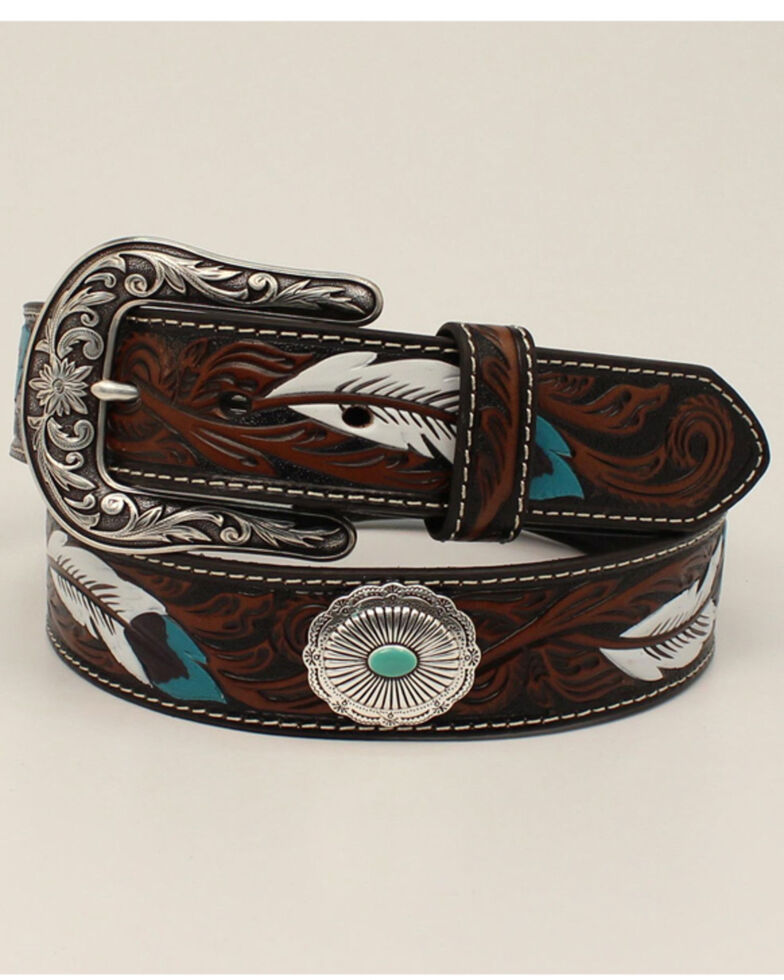 Ariat Women's Feather Tooling & Turquoise Concho Belt, Brown, hi-res