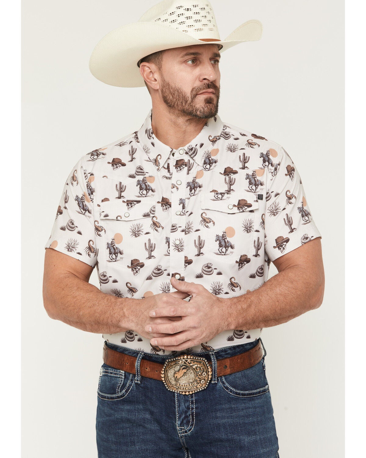 Rock & Roll Denim Men's Desert Novelty Short Sleeve Snap Stretch Western Shirt, Natural, hi-res