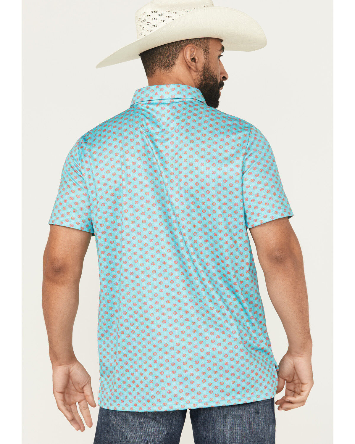 Image #4 - Rock & Roll Denim Men's Geo Print Short Sleeve Button-Down Stretch Polo Shirt, Teal, hi-res