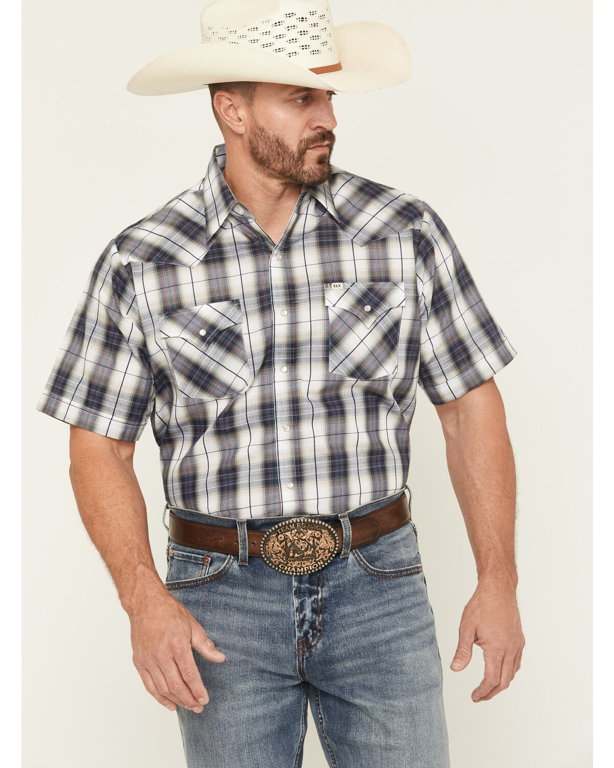 Image #1 - Ely Walker Men's Plaid Print Short Sleeve Snap Western Shirt - Tall, Navy, hi-res
