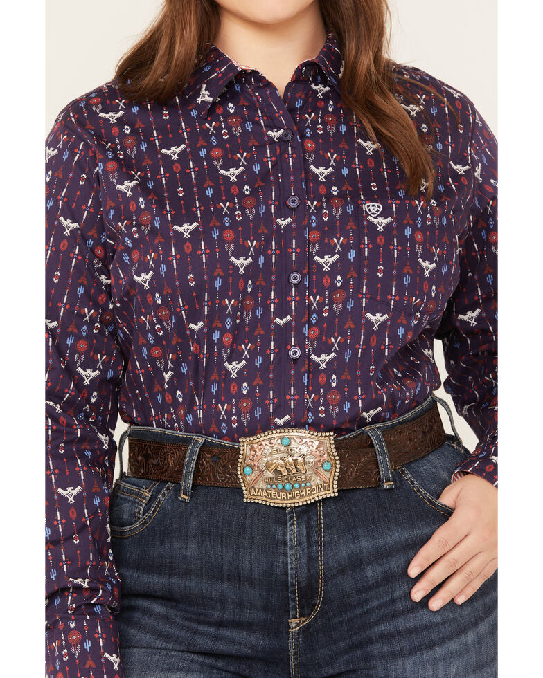 Ariat Women's R.E.A.L. Southwestern Print Long Sleeve Kirby Stretch Button-Down Shirt - Plus, Navy, hi-res