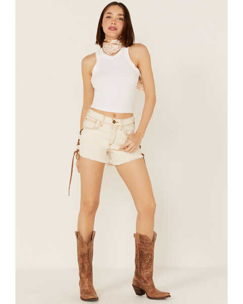 Image #2 - Ariat Women's Lace-Up 3" Frayed Hem Shorts, White, hi-res