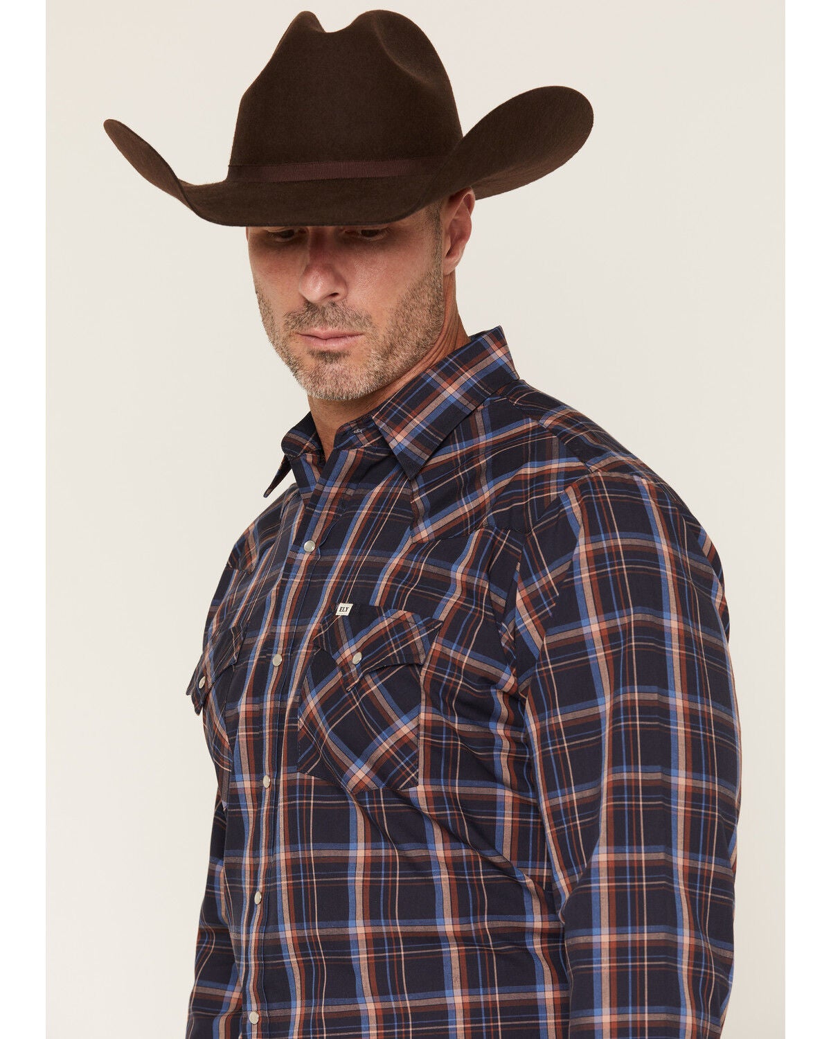 Image #2 - Ely Walker Men's Plaid Print Long Sleeve Pearl Snap Western Shirt, Navy, hi-res