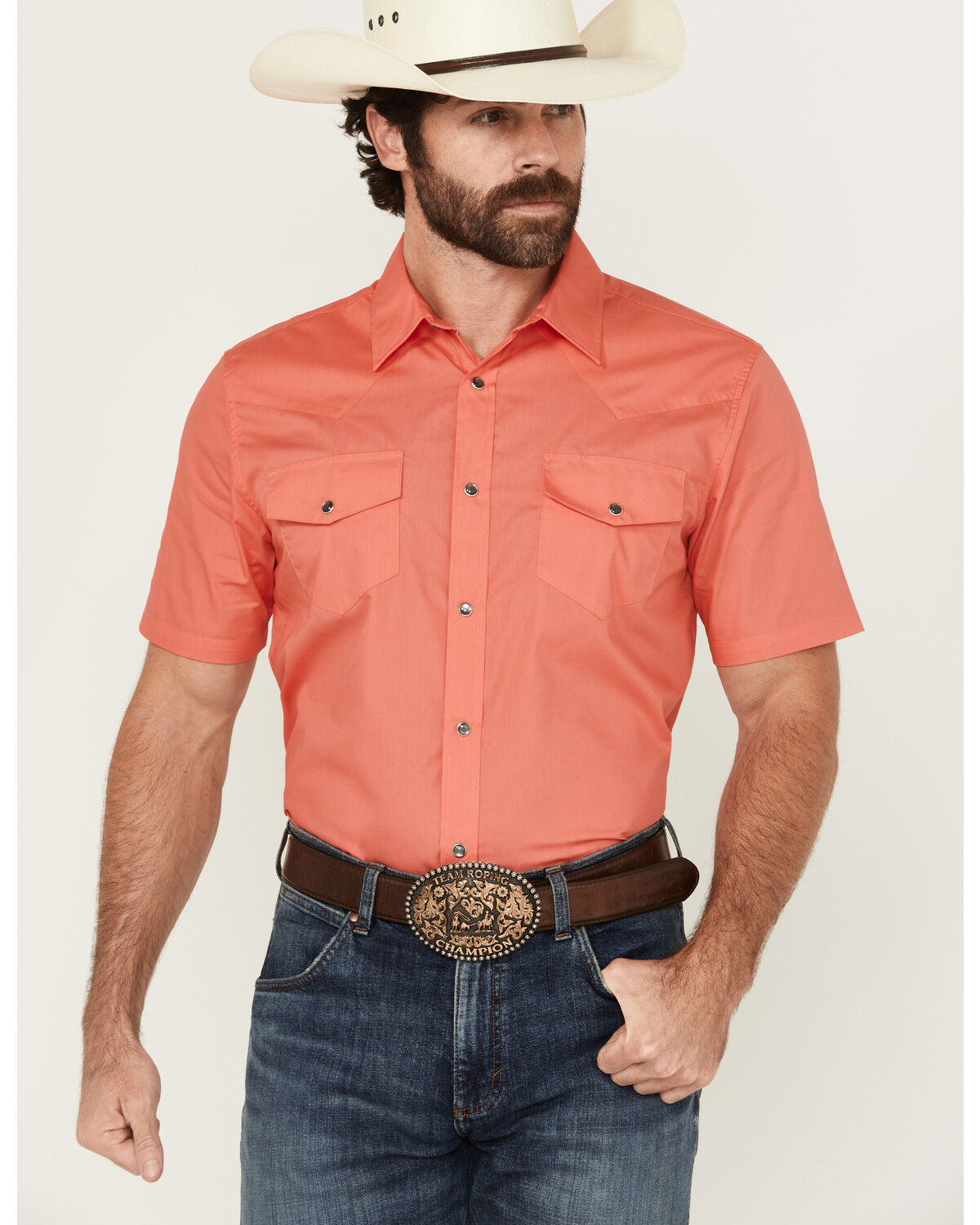 Image #1 - Gibson Trading Co Men's White Water Solid Short Sleeve Snap Stretch Western Shirt - Big, Coral, hi-res