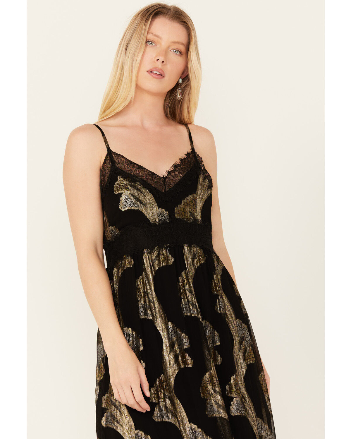 Image #2 - Idyllwind Women's Verde Lace Inset Metallic Print Maxi Dress, Black, hi-res
