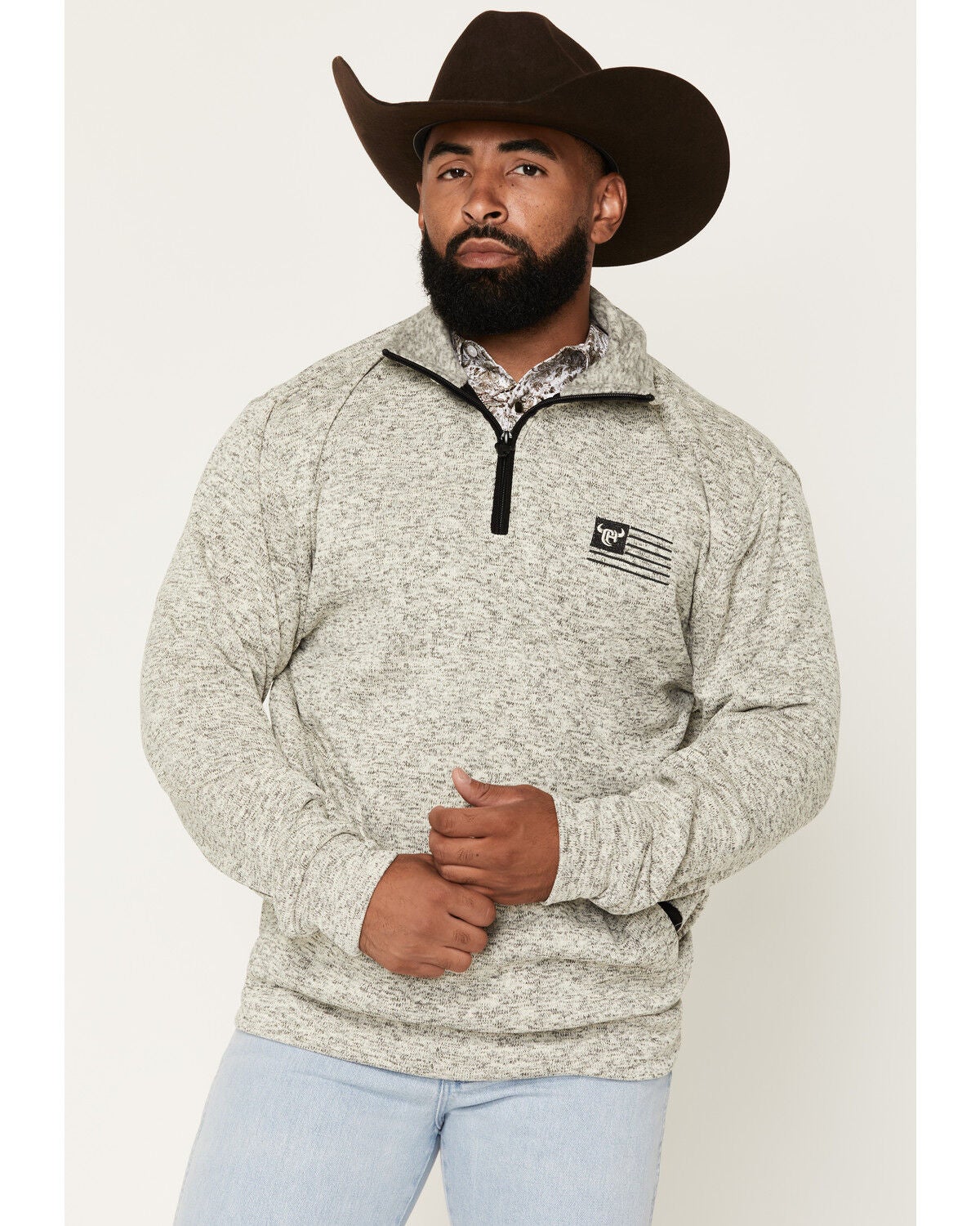 Cowboy Hardware Men's Steer Head Flag 1/4 Zip Pullover, Grey, hi-res