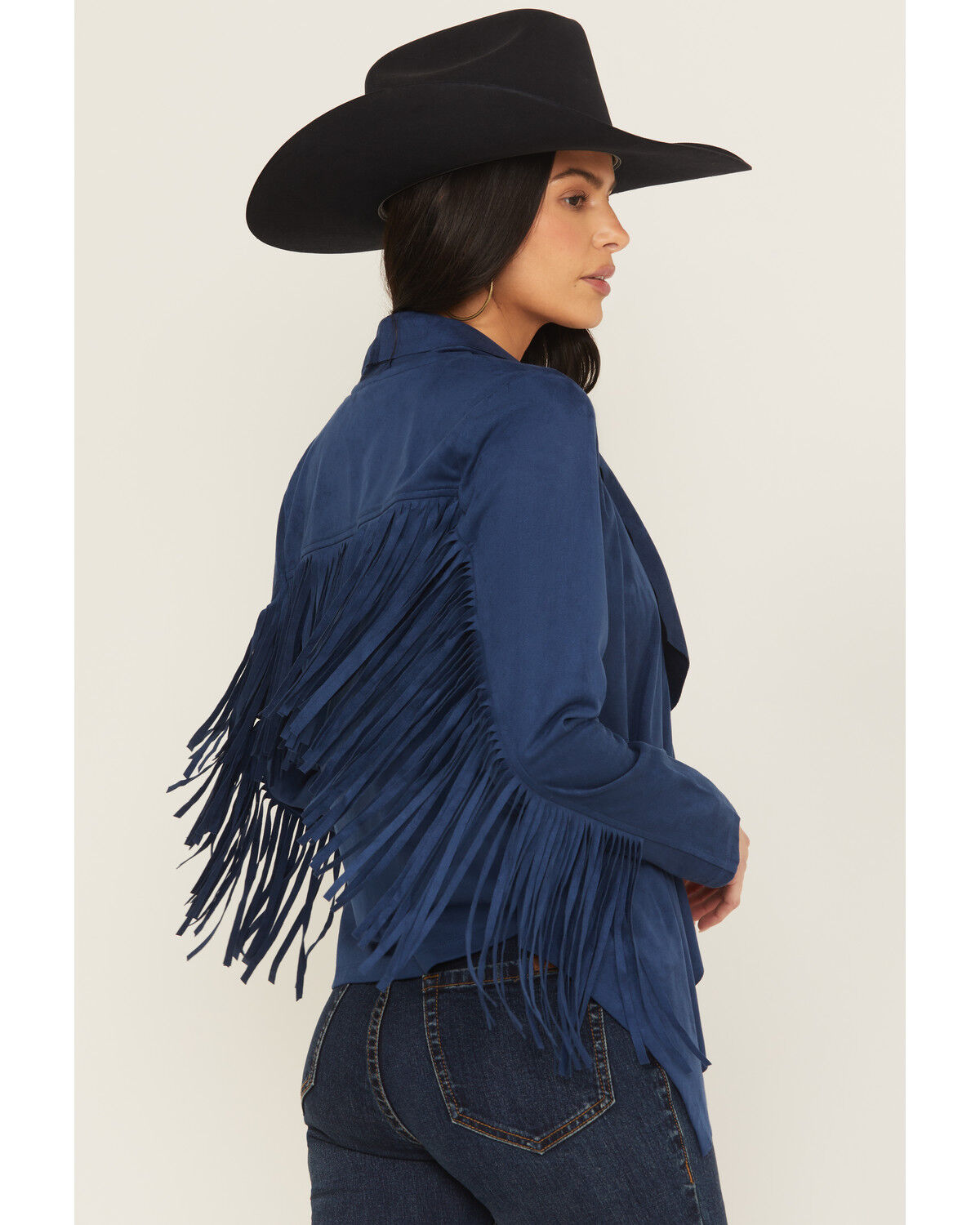 Image #4 - Shyanne Women's Cascade Front Fringe Faux Suede Fringe Jacket, Navy, hi-res