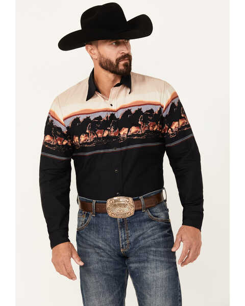 Roper Men's Vintage Horse Print Long Sleeve Snap Western Shirt, Black, hi-res