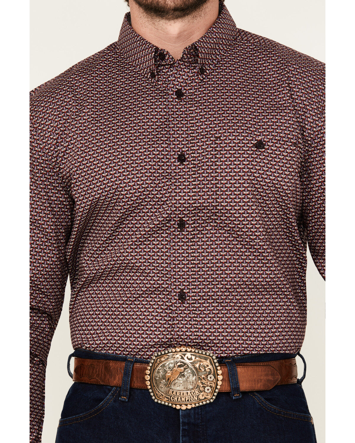 Image #3 - RANK 45® Men's Tinson Geo Print Long Sleeve Button-Down Stretch Western Shirt, Burgundy, hi-res