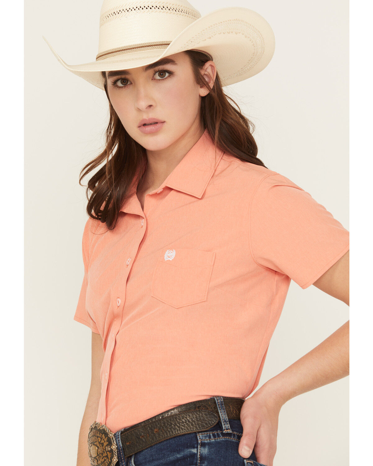 Image #2 - Cinch Women's Solid Short Sleeve Button-Down Stretch Western Shirt, Coral, hi-res