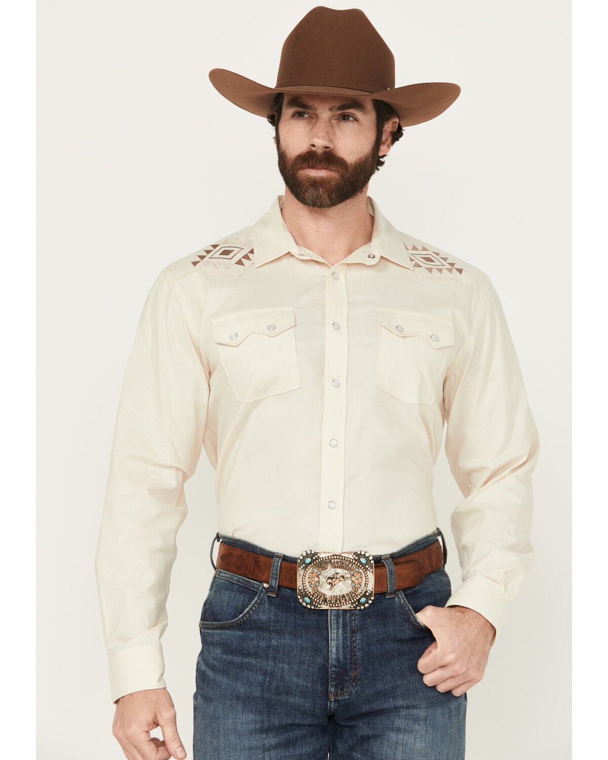 Panhandle Men's Solid Embroidered Long Sleeve Snap Western Shirt, Natural, hi-res