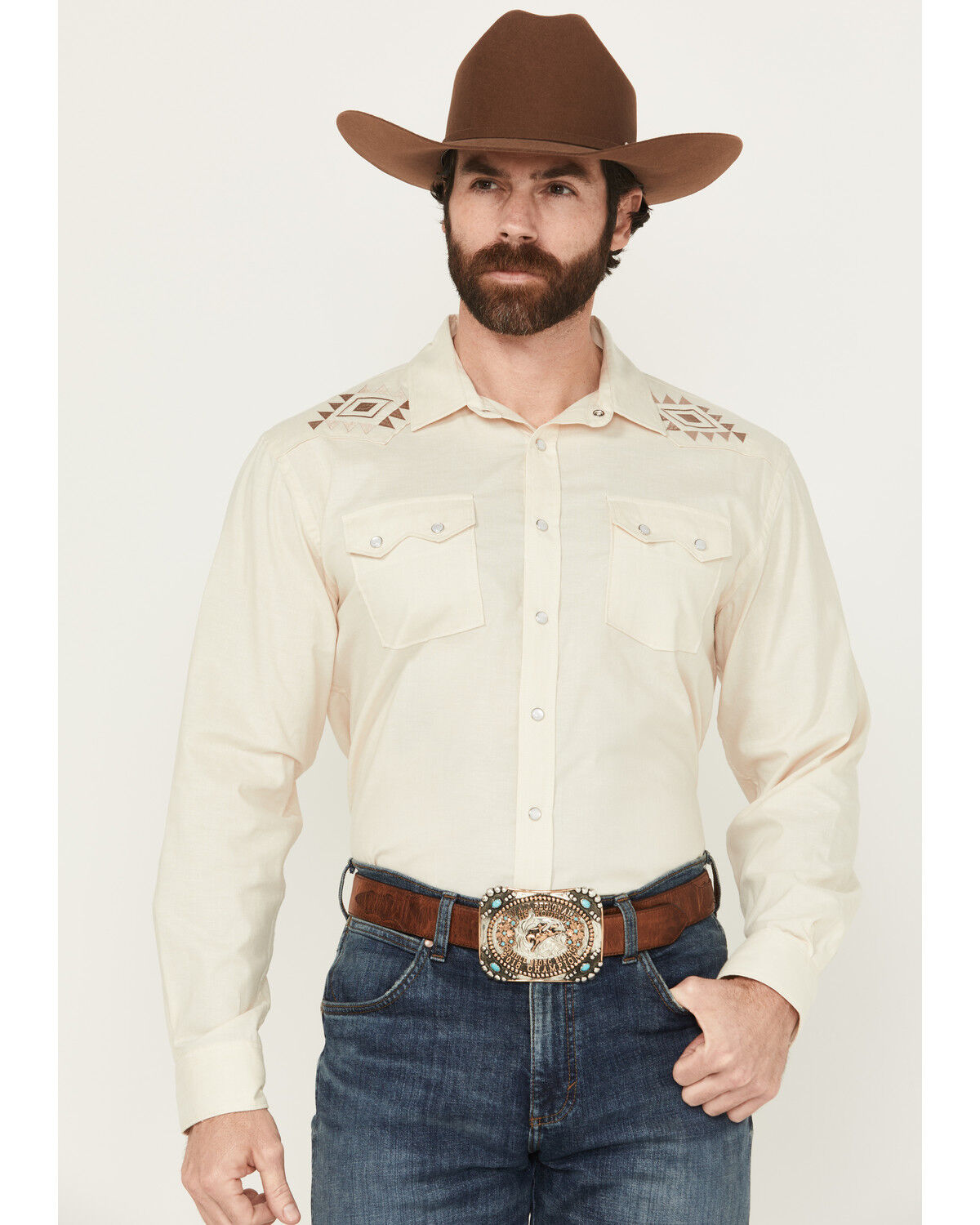 Image #1 - Panhandle Men's Solid Embroidered Long Sleeve Snap Western Shirt, Natural, hi-res