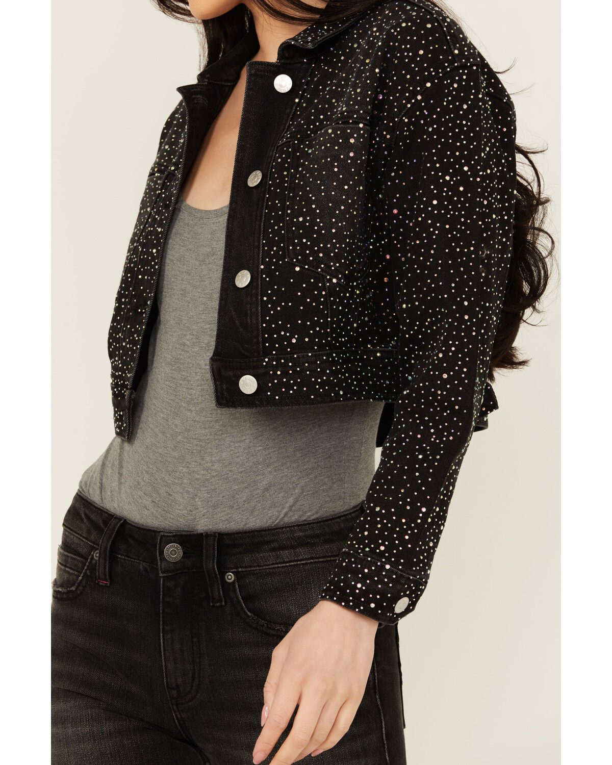 Image #3 - Vibrant Denim Women's Rhinestone Cropped Denim Jacket, Black, hi-res