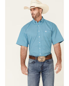 Panhandle Select Men's Turquoise Small Geo Print Short Sleeve Button-Down Western Shirt , Blue, hi-res